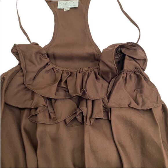 WM New York Design Brown Silk Ruffle Front Dress, Size Petite Small - Picture 5 of 13